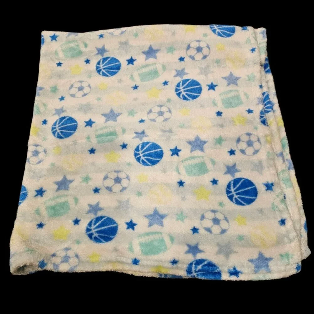 Swiggles Sports‎ Blue Fleece Baby Blanket Basketball Football Soccer Stars Lovey